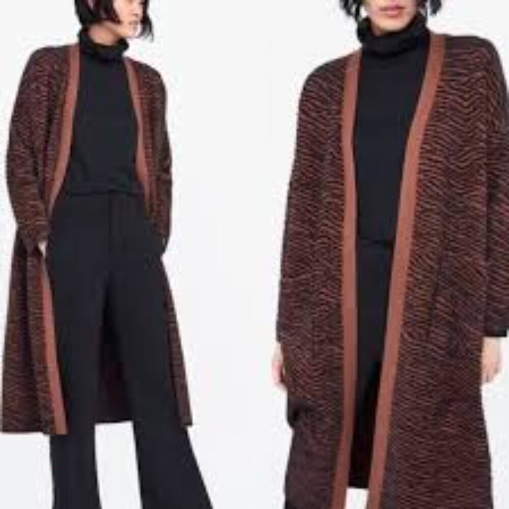 Zara Women's Animal Print Long Knit Cardigan Size Small Brown & Black Pockets